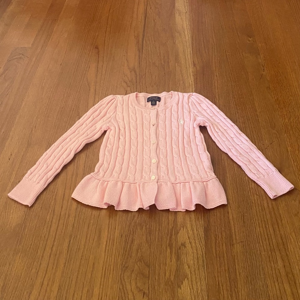 Polo by Ralph Lauren Pink Cable Knit Ruffle Hem Cardigan